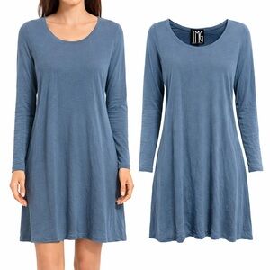 TMG New York Blue Long Sleeve Swing Mini Dress Medium Relaxed Fit Jersey knit
